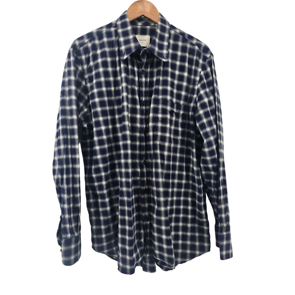 Billy Reid Button Down Shirt Mens Large Navy Blue Plaid Standard Fit Cotton